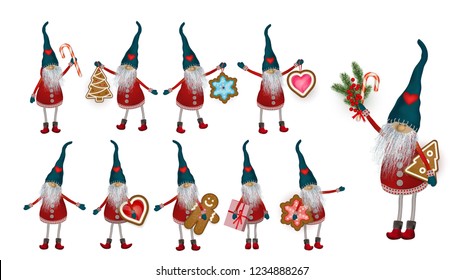 Christmas Elf with gifts, cookies and sweets, set. Scandinavian folk character for holiday advertising. Vector illustration isolated on white