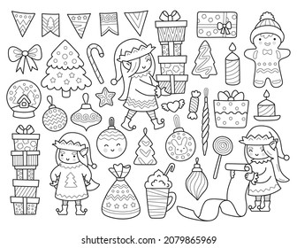 Christmas elf with gifts, presents and holiday decorations. Set of winter cartoon outline elements and characters for coloring book.Vector isolated illustrations.