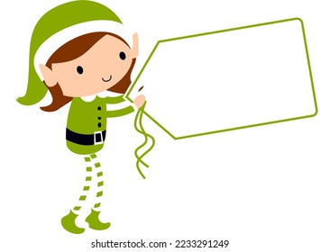 Christmas Elf Girl with blank gift tag label poster. Cute cartoon holiday elves vector illustration