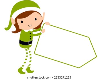 Christmas Elf Girl with blank gift tag label poster. Cute cartoon holiday elves vector illustration