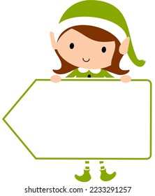 Christmas Elf Girl with blank gift tag label poster. Cute cartoon holiday elves vector illustration