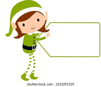 Christmas Elf Girl with blank gift tag label poster. Cute cartoon holiday elves vector illustration