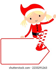 Christmas Elf Girl with blank gift tag label poster. Cute cartoon holiday elves vector illustration