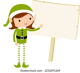 Christmas Elf Girl with blank gift tag label poster. Cute cartoon holiday elves vector illustration