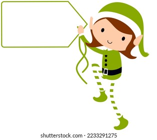 Christmas Elf Girl with blank gift tag label poster. Cute cartoon holiday elves vector illustration