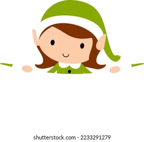 Christmas Elf Girl with blank gift tag label poster. Cute cartoon holiday elves vector illustration