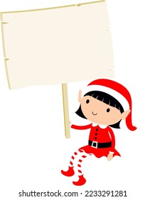 Christmas Elf Girl with blank gift tag label poster. Cute cartoon holiday elves vector illustration