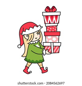 Christmas elf girl carrying stack of gifts boxes and presents. Female cartoon character. Funny cute vector colored illustration for print, postcard, greeting card.