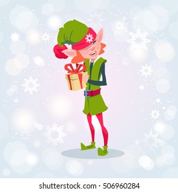 Christmas Elf Girl Cartoon Character Santa Helper Hold Present Box Flat Vector Illustration