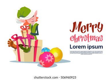 Christmas Elf Girl Cartoon Character Santa Helper With Present Box Flat Vector Illustration