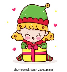 Niña Nochebuena Carácter bebé abrazo un regalo gigante. Serie: X mas (niños felices de año nuevo) kawaii vector de libro de cuentos de hadas. Perfecto hacer un deseo para celebrar fiestas de niños, fiesta de princesa, patrón.