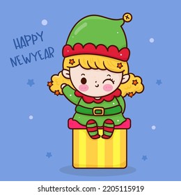 Christmas Elf girl Character baby sit on Happy new year gift. Series: X mas kawaii vector for fairy tale book. Perfect make a wish for celebration party children, princess party, pattern, background.