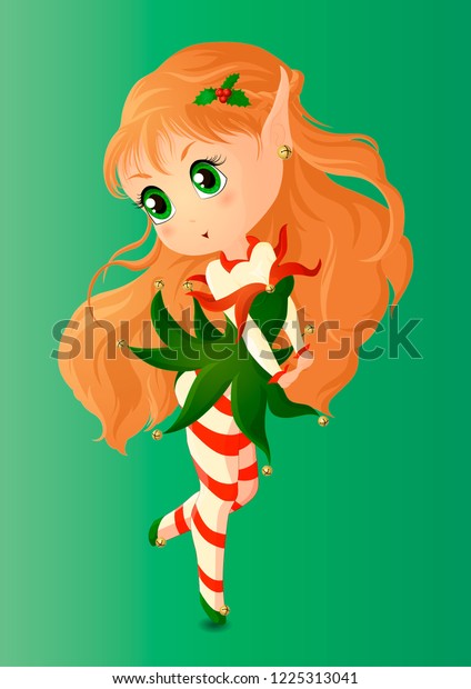 Christmas Elf Girl Chibi Short Green Stock Vektorgrafik