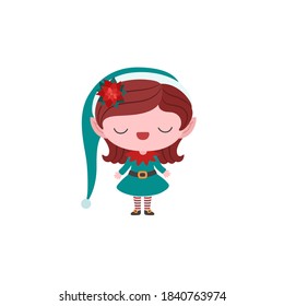 Christmas elf girl cute cartoon character. Childish baby style. Sweet whimsical illustration. Kawaii chibi drawing. Green color dress and hat. Winter season greeting. Elf child isolated on white.