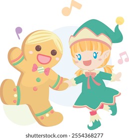 Christmas Elf Girl Dancing with Gingerbread Man