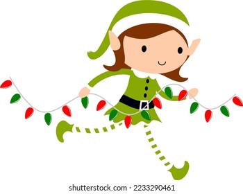 Christmas Elf Girl with Fairy Lights cute cartoon holiday elves vector illustration