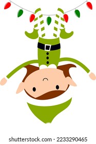 Christmas Elf Girl with Fairy Lights cute cartoon holiday elves vector illustration