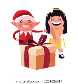 christmas elf with girl and gift