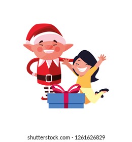 christmas elf with girl and gift