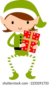 Christmas Elf Girl in green. Cute cartoon holiday elves vector illustration