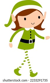 Christmas Elf Girl in green. Cute cartoon holiday elves vector illustration