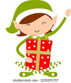 Christmas Elf Girl in green. Cute cartoon holiday elves vector illustration