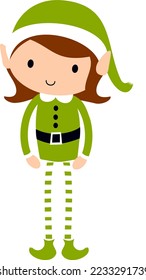 Christmas Elf Girl in green. Cute cartoon holiday elves vector illustration