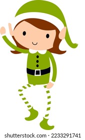 Christmas Elf Girl in green. Cute cartoon holiday elves vector illustration