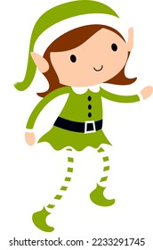 Christmas Elf Girl in green. Cute cartoon holiday elves vector illustration