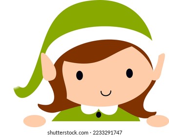 Christmas Elf Girl in green. Cute cartoon holiday elves vector illustration