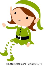 Christmas Elf Girl in green. Cute cartoon holiday elves vector illustration