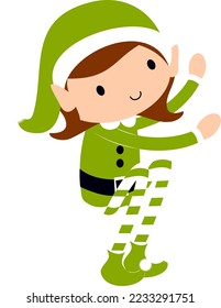 Christmas Elf Girl in green. Cute cartoon holiday elves vector illustration