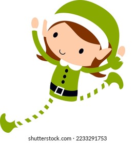 Christmas Elf Girl in green. Cute cartoon holiday elves vector illustration