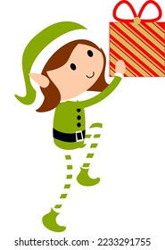 Christmas Elf Girl in green. Cute cartoon holiday elves vector illustration