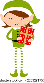 Christmas Elf Girl in green. Cute cartoon holiday elves vector illustration