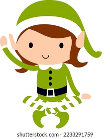 Christmas Elf Girl in green. Cute cartoon holiday elves vector illustration