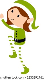 Christmas Elf Girl in green. Cute cartoon holiday elves vector illustration