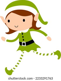 Christmas Elf Girl in green. Cute cartoon holiday elves vector illustration