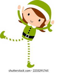 Christmas Elf Girl in green. Cute cartoon holiday elves vector illustration