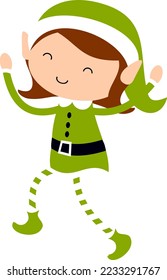 Christmas Elf Girl in green. Cute cartoon holiday elves vector illustration