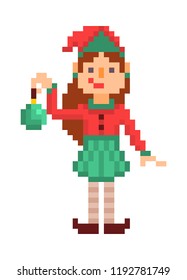 Christmas elf girl with a green toy, pixel art character isolated on white background. 8 bit retro old school 80s; 90s slot machine/video game grapics. Santa's helper.