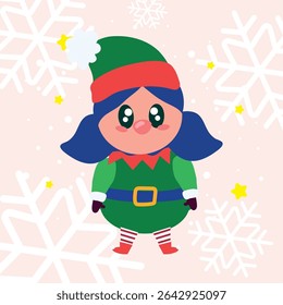 Christmas elf girl in green. Vector illustration