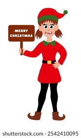 Christmas elf girl isolated on white background. Little Santa's helper with Merry Christmas sign. Adorable cartoon character. Flat vector illustration.	