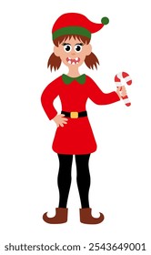 Christmas elf girl isolated on white background. Little Santa's helper with candy cane. Adorable cartoon character. Flat vector illustration.