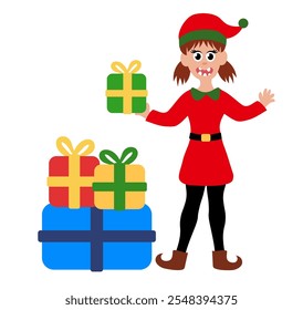 Christmas elf girl isolated on white background. Little Santa's helper with gift boxes. Adorable cartoon character. Flat vector illustration.