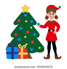 Christmas elf girl isolated on white background. Little Santa's helper with Christmas tree and gift boxes. Adorable cartoon character. Flat vector illustration.