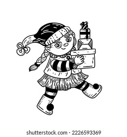 Christmas elf girl with Christmas presents in retro style. Girl wear christmas hat and skirt