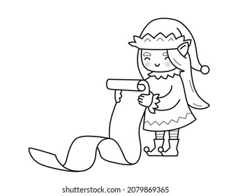 Christmas elf girl with scroll of gifts. Female cartoon character. Funny cute outline illustration. Vector isolated emblem for logo, coloring book, tattoo, print.