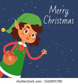 Christmas elf girl vector cartoon illustration. Merry christmas greeting card or poster with cute elf girl in green santa cloths with basket of cakes on night snowing background.