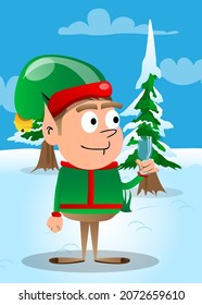 Christmas Elf with a glass of water. Vector cartoon character illustration of Santa Claus's little worker, helper.